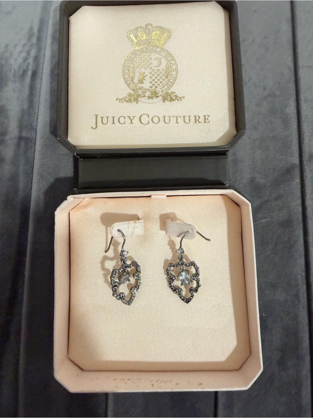 Juicy Couture Black Silver-Tone Crystal Filigree Drop Earrings